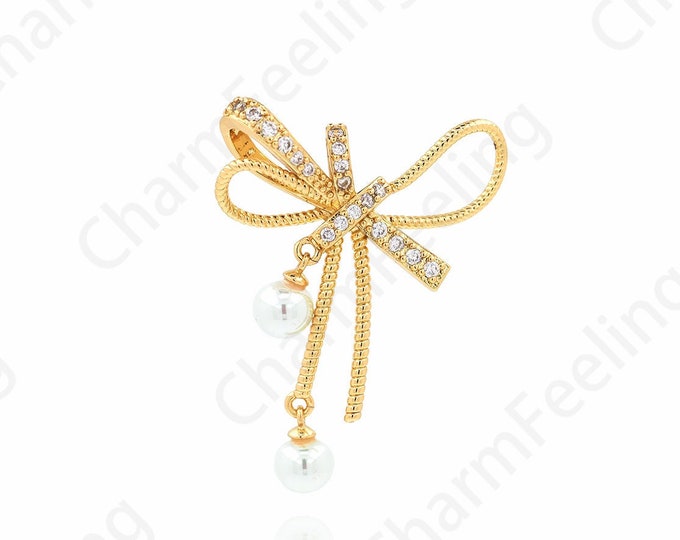 Bow Pendant, Pearl Pendant, Knot Charm, 18K Gold Filled Jewelry Charm, Micropavé CZ Dainty Necklace, DIY Jewelry Supplies, 40x30x10mm