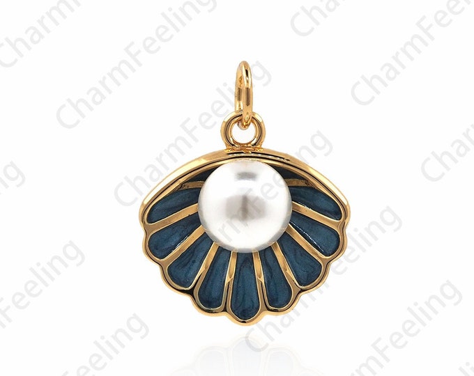 Enameled Pearl Pendant, Clam Necklace, 18K Gold Filled Shell Pendant, Enameled Pearl Charm, Pearl Pendant, Clam Charm, 19x15x8mm