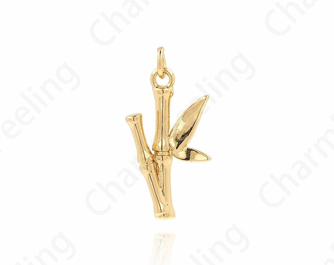 Bamboo Pendant, 18K Gold Filled Bamboo Necklace, Botanical Charm, Bamboo Charm, DIY Jewelry Supplies, 21.5x11x2.5mm