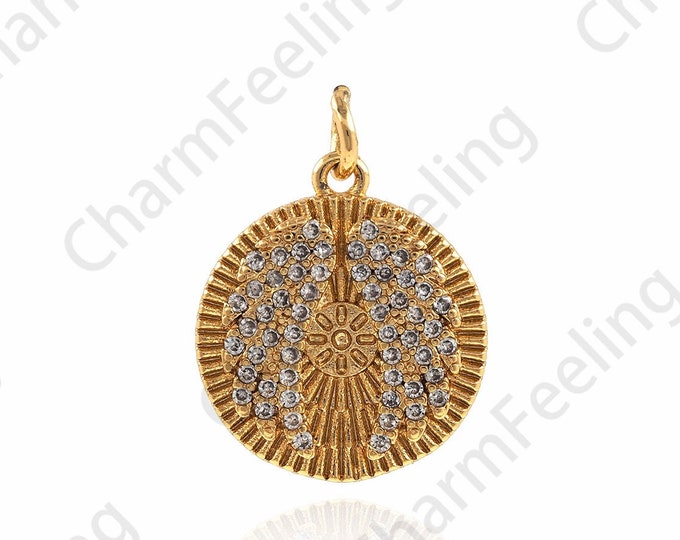 18K Gold Filled Round Wing Pendant, Micropavé CZ Angel Wing Necklace, Wing Charm, Round Charm, DIY Jewelry Making 20x14.5x2mm