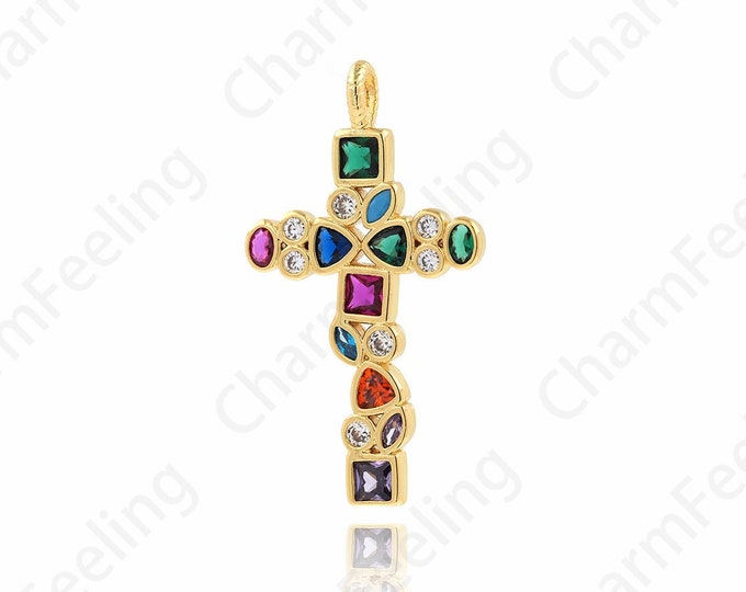 Christian Charm,Micropavé CZ Cross Necklace,18K Gold Filled Cross Pendant,Cross Charm,Religious Charm,DIY Jewelry Accessories,32.3x17.9x2mm