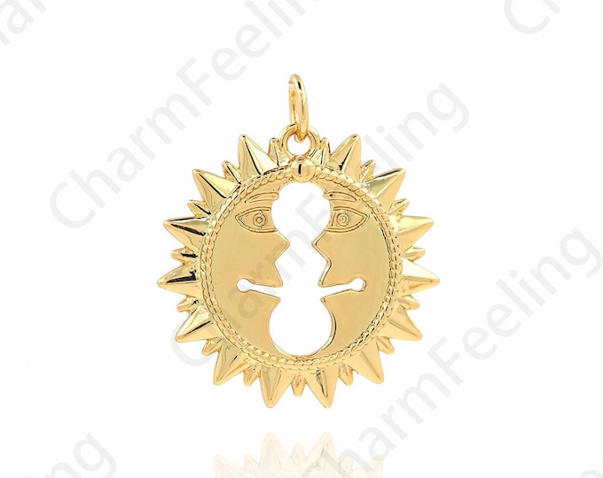 Face Charm, Sun Face Necklace, Sunshine Pendant, 18K Gold Filled Round Pendant,DIY Jewelry Accessories 24x21x1.9mm