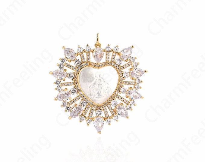 Micropavé CZ Catholic Necklace, 18K Gold Filled Heart-shaped Maria Necklace, Virgin Mary Charm, DIY Jewelry Accessories, 46.5x45.5x5mm