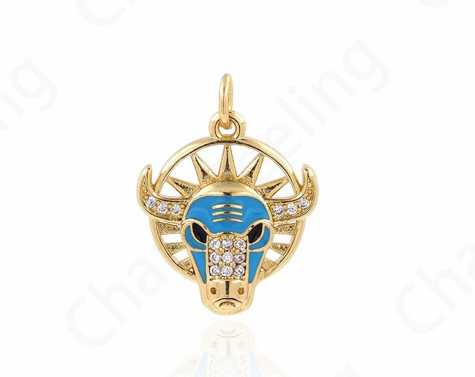 Enamel Bull Head Pendant, Micropavé CZ Animal Necklace, 18K Gold Filled Cow Charm, Wild Animal Charm, DIY Jewelry Supplies,21x16.5x4mm