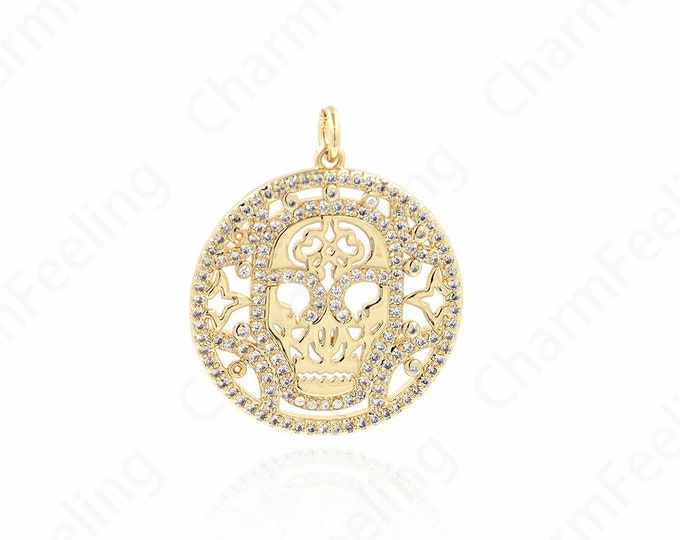 Skull Jewelry, Skull Pendant, Micropavé CZ Horror Charm, 18K Gold Filled Mystery Pendant, DIY Jewelry Supplies, 30x25x2mm