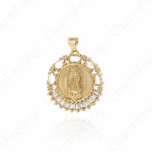 Micro-Pave Saint Guadalupe Medal, Exquisite Virgin Mary Pendant, Virgin Mary Necklace, Religious Jewelry 23.5x30x3mm