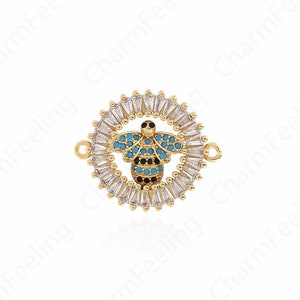 Round Charm, 18K Gold Filled Bee Connector, Animal Connector, Micropavé CZ Bee Charm,DIY Jewelry Accessories, 26x21x3.5mm