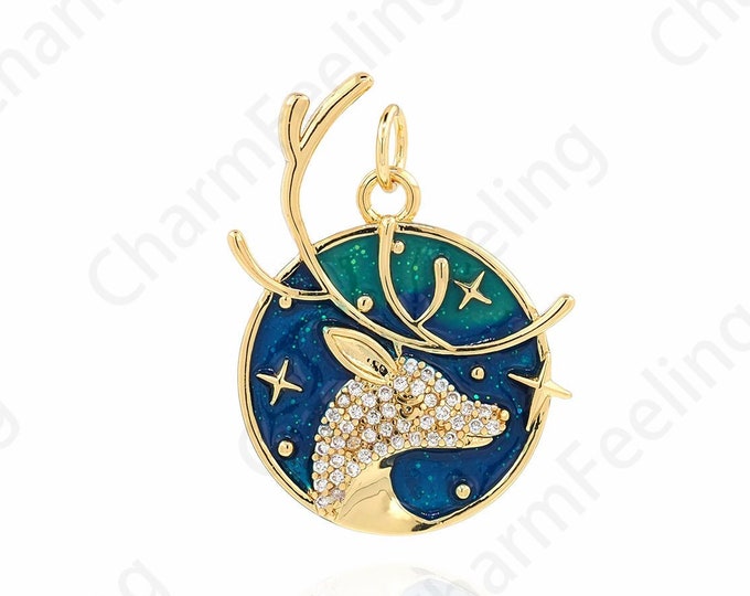 18K Gold Filled Enamel Reindeer Pendant,MicroPave CZ Christmas Deer Pendant, Fawn Necklace, Christmas Collection, Animal Charm 26.5x20x2.8mm