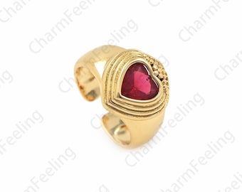 18K Gold Filled Open Ring, Adjustable Ring, Micropavé Cubic Zirconia Ring, Ruby Ring, Ruby Charm