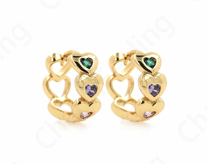 1 Pair,Simple Heart-Shaped Earrings, 18K Gold Filled Heart-Shaped Earrings, Micropaved CZ Gold Earrings, A Gift For Her, 14.2x15.7x6.3mm