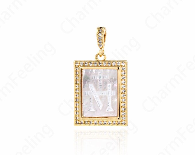 Pearl Necklace,Micropavé CZ Rectangular Pendant, 18K Gold Filled Shell Charm,DIY Jewelry Making Accessories,32.5x18x4.5mm