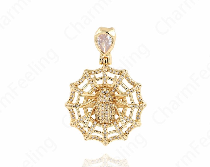 Round Spider Pendant, Micropavé CZ Insect Necklace, 18K Gold Filled Insect Charm, Spider Charm, DIY Jewelry Supplies, 44x30x8mm