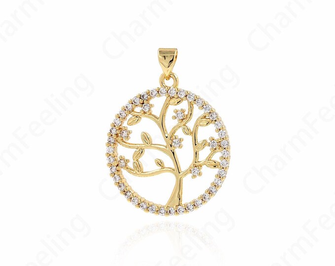Micropavé CZ Plant Charm, Tree Of Life Necklace, 18K Gold Filled Round Pendant, Tree Of Life Charm, DIY Jewelry Accessories,32.5x25.5x3mm