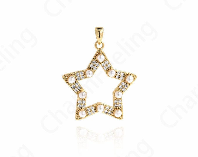 18K Gold Filled Star Necklace, Pentagram Pendant, Pearl Pendant, Line Charm, Pearl Charm, Pentagram Jewelry, DIY Jewelry Supplies, 30x25x4mm