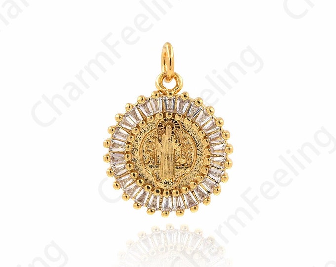 Saint Benedict Pendant, Micropavé CZ Religious Charm, 18K Gold Filled Circle Necklace, Catholic Charm, DIY Jewelry Supplies, 20x15.7x2.1mm