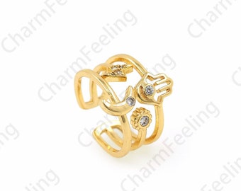 Thick Rings, Micropavé CZ Moon Rings, 18K Gold Filled Hamsa Rings, Gold Split Rings, Adjustable Rings,Lightning Ring