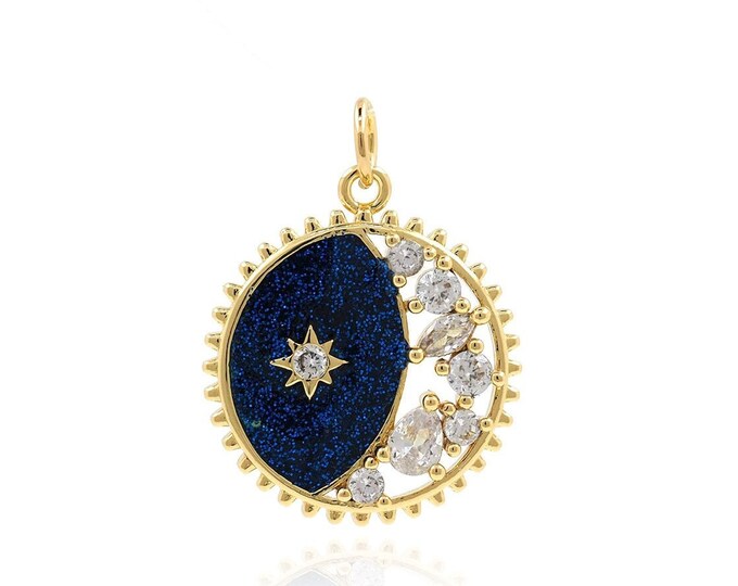 18K Gold Filled Round Moon Pendant, Crescent Moon Charm, Micropavé CZ Sun Pendant, Sunny Charm, DIY Jewelry Accessories, 23x17.5x3mm