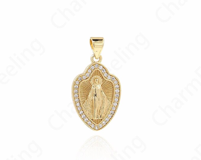 Virgin Necklace, Micropavé Cubic Zirconia Strip Pendant, 18K Gold Filled Virgin Mary Pendant, DIY Jewelry Components 26x14x2mm