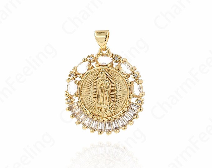 Micro-Pave Saint Guadalupe Medal, Exquisite Virgin Mary Pendant, Virgin Mary Necklace, Religious Jewelry 23.5x30x3mm