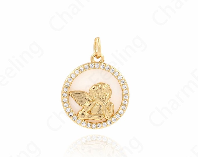Micropavé CZ Angel Pendant, Mother of Shell Necklace, 18K Gold Filled Cupid Necklace, Cupid Charm, DIY Jewelry Supplies, 16x20.6x3.5mm
