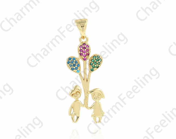 Balloon Pendant, Micropavé CZ Couple Pendant, Couple Charm, 18K Gold Filled Kids Pendant, DIY Jewelry Supplies, 11.2x32x2.5mm