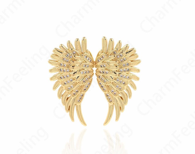 Wings Pendant, 18K Gold Filled Flying Charm, Wings Necklace, Micropavé CZ Flying Necklace, DIY Jewelry Supplies, 34x34x4mm