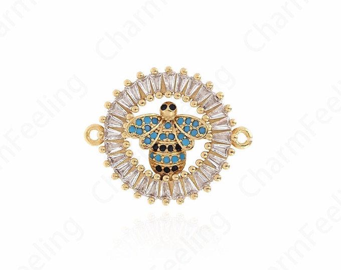 Round Charm, 18K Gold Filled Bee Connector, Animal Connector, Micropavé CZ Bee Charm,DIY Jewelry Accessories, 26x21x3.5mm