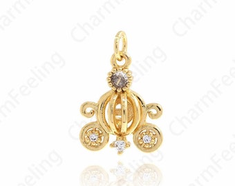 Pumpkin Car Pendant, Mythical Charm, 18K Gold Filled Pumpkin Car Necklace, Micropavé CZ Car Pendant, DIY Jewelry Supplies, 21x14x8.5mm