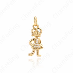 Kids Charm, Micropavé CZ Girl Charm, Girl Pendant, 18K Gold Filled Girl Necklace, DIY Jewelry Supplies, 19x7.5x2mm