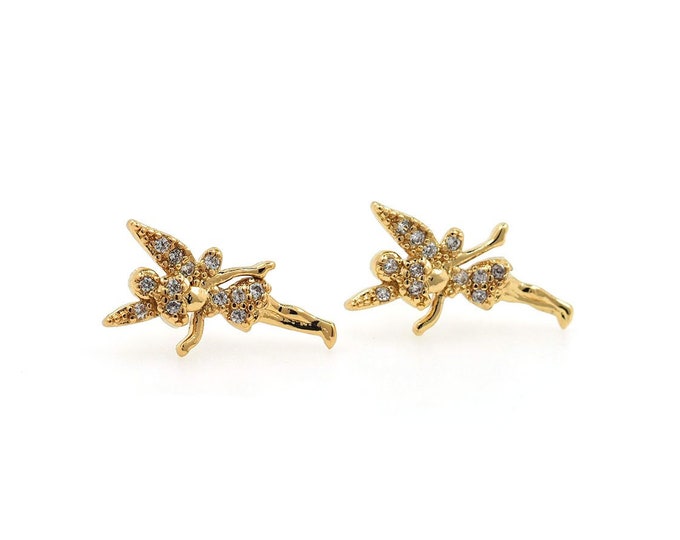 Fairy Earrings, Micropavé CZ Fairy Charm, 18K Gold Filled Flower Fairy Earrings, Pierced Earrings, Gift for Her, 15x7mm