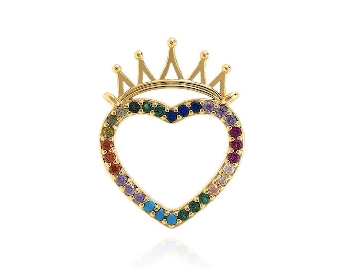 Micropavé CZ Heart Pendant, Crown Heart Charm, Crown Necklace, 18K Gold Filled Love Charm, DIY Jewelry Supplies, 21.5x16.5x2mm