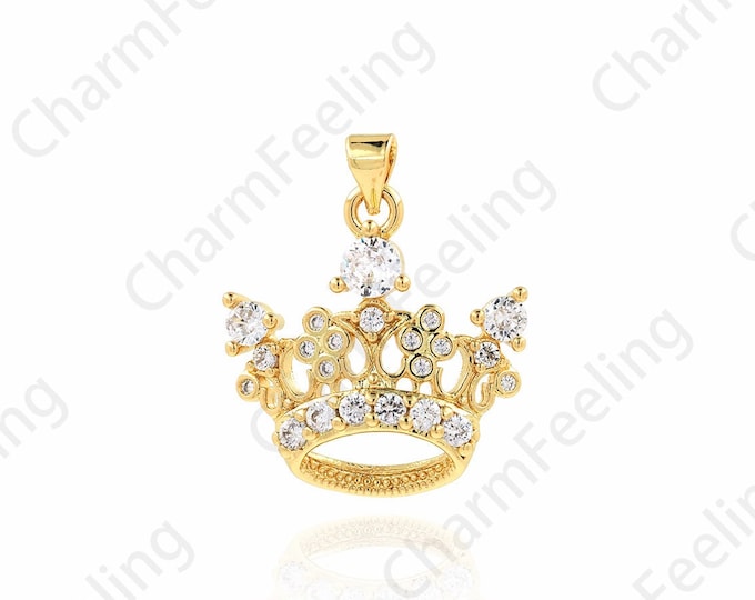 Micropavé CZ Crown Pendant, King Charm, 18K Gold Filled Crown Necklace, Noble Necklace, DIY Jewelry Supplies, 28.7x24x4.5mm
