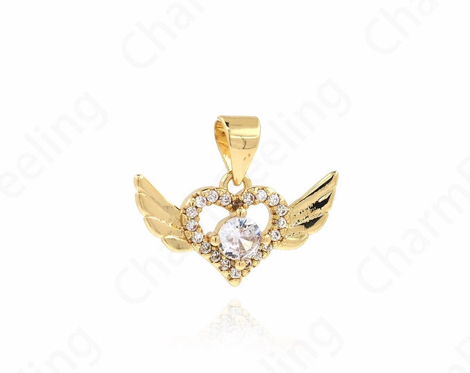 Angel Charm, Love Necklace, CZ Angel Heart Pendant, Heart Necklace, Heart Charm, DIY Jewelry Making Accessories 15.5x19x3.5mm