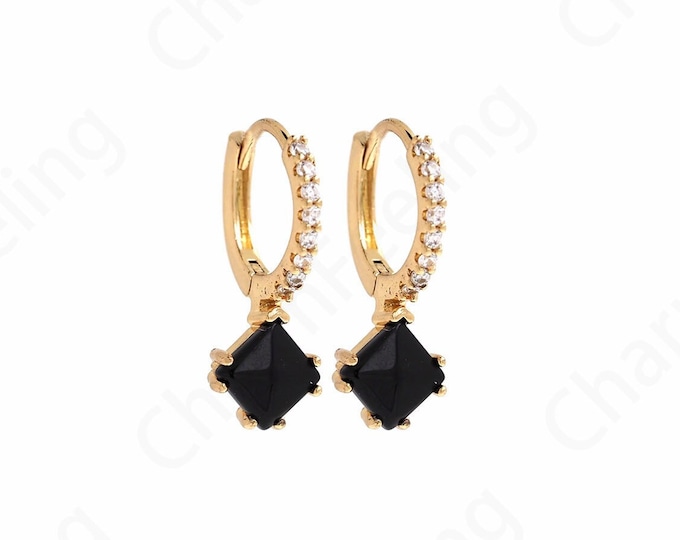 Agate Earrings, Square Earrings, 18K Gold Filled Rectangular Rhinestone Earrings,  Micropavé CZ Exquisite Earrings,15x24x9.5mm