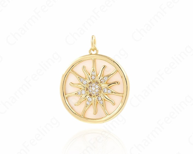 18K Gold Filled Round Coin Pendant, Sun Necklace, Micropavé CZ Sunshine Pendant,Shell Charm, DIY Jewelry Accessories 27x22x4mm