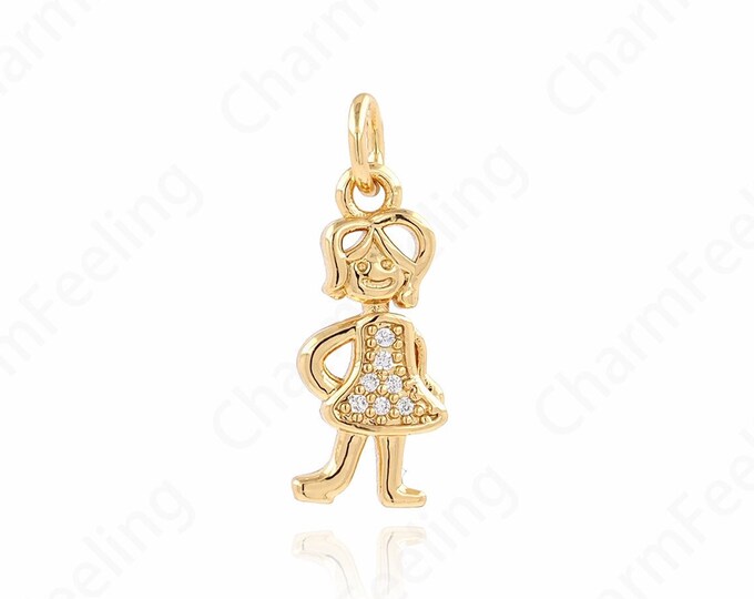 Kids Charm, Micropavé CZ Girl Charm, Girl Pendant, 18K Gold Filled Girl Necklace, DIY Jewelry Supplies, 19x7.5x2mm