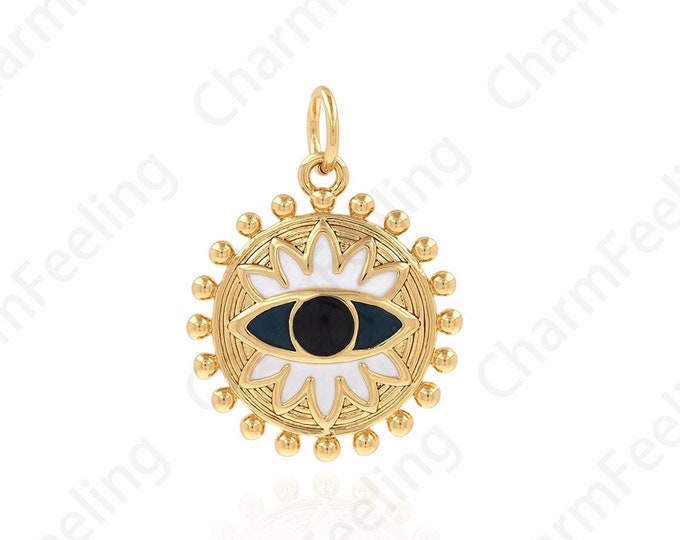 Micropavé CZ Eye Pendant, 18K Gold Filled Round White Enamel Necklace, Magic Eye Pendant, Lucky Eye Pendant 15.5x20.5x2.2mm