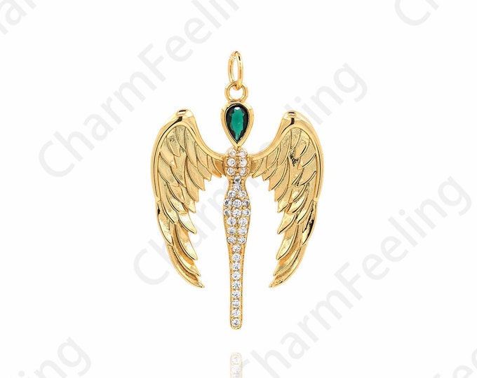 Angel Wing Pendant,Scepter Pendant,18K Gold Filled Wing Pendant,Wing Charm,Micropavé CZ Scepter Charm,DIY Jewelry Accessories,36x22.5x2.2mm