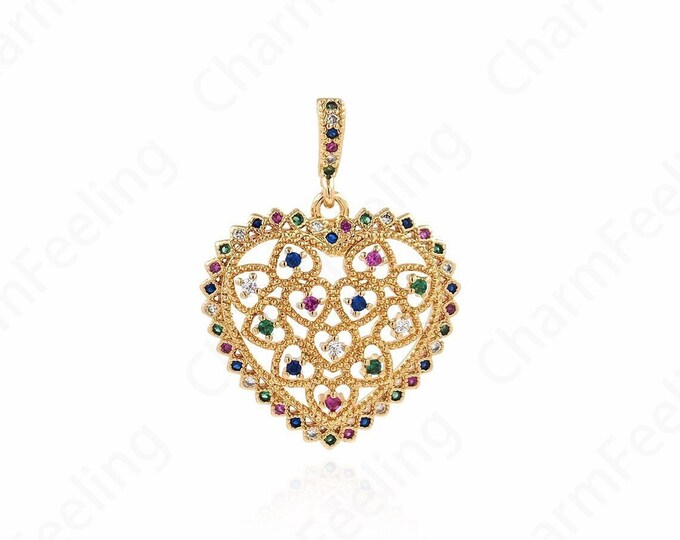 18K Gold Filled Heart Pendant, Love Necklace, Micropavé CZ Heart Necklace, Heart Charm, DIY Jewelry Accessories 22x29.5x4mm