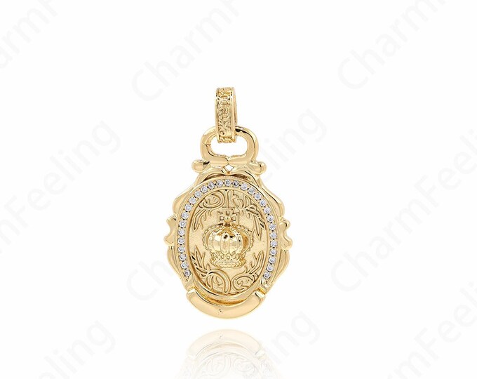 Crown Pendant, Queen Pendant, Micropavé CZ Oval Necklace, 18K Gold Filled Crown Charm, DIY Jewelry Supplies, 36.5x20.5x5mm