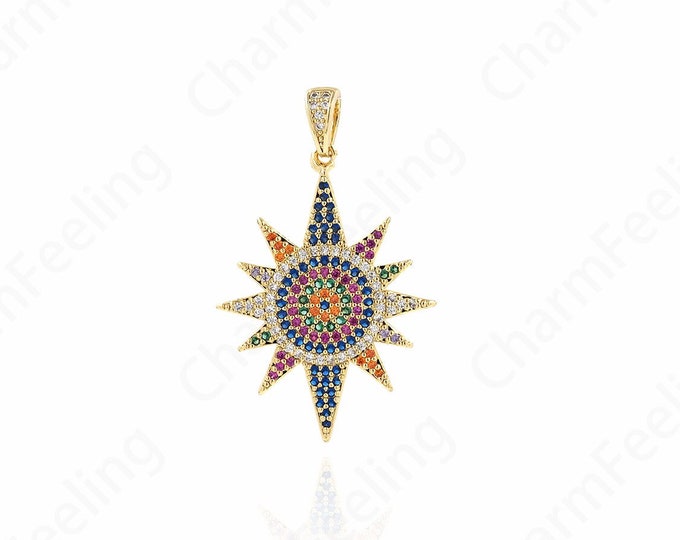 18K Gold Filled Sun Charm, Gold Sun Pendant, Micropavé CZ Sun Charm, DIY Jewelry Supplies, 24x38.5x2mm