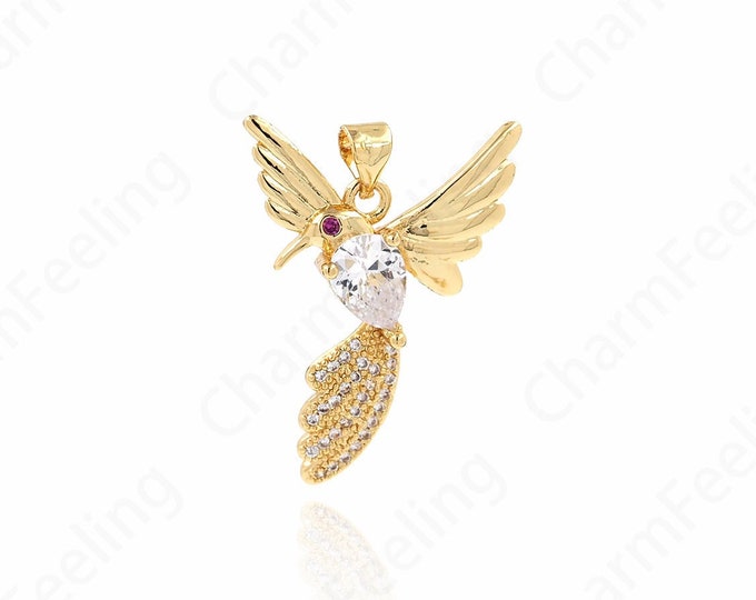 Hummingbird Necklace,Bird Charm,Animal Pendant, 18K Gold Filled Bird Pendant, Animal Charm,Micropavé Cubic Zirconia Jewelry 31x23.5x5mm