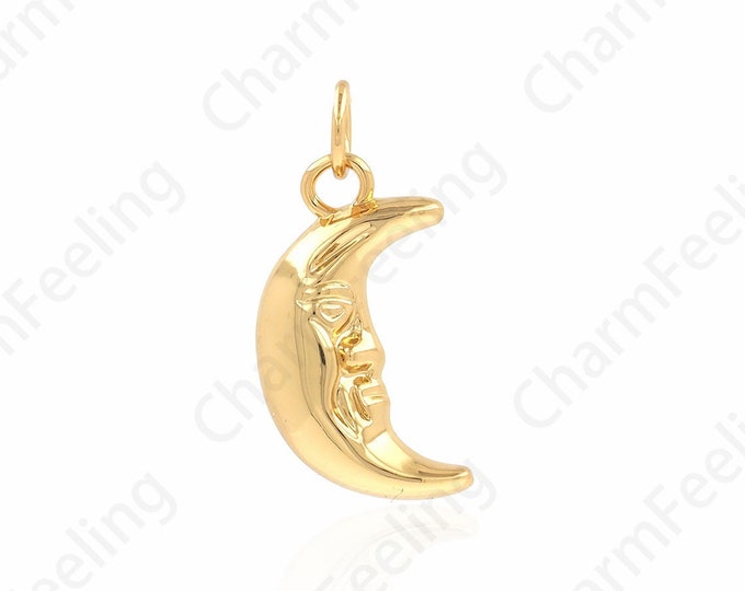 Moon Pendant, 18K Gold Filled Moon Necklace, Face Pendant, Face Charm, Crescent Moon Charm, DIY Jewelry Supplies, 10x22x3.2mm