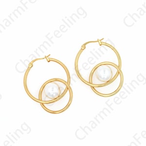 Ring Pearl Earrings, 18K Gold Filled Pearl Earrings, Hoop Earrings, Cutout Earrings, DIY Jewelry Supplies, 41x31.5x11mm