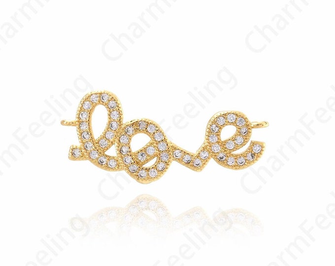 18K Gold Filled Dainty Love Pendant,Micropavé CZ Word Connector For Necklaces Making 27.2x12x2mm