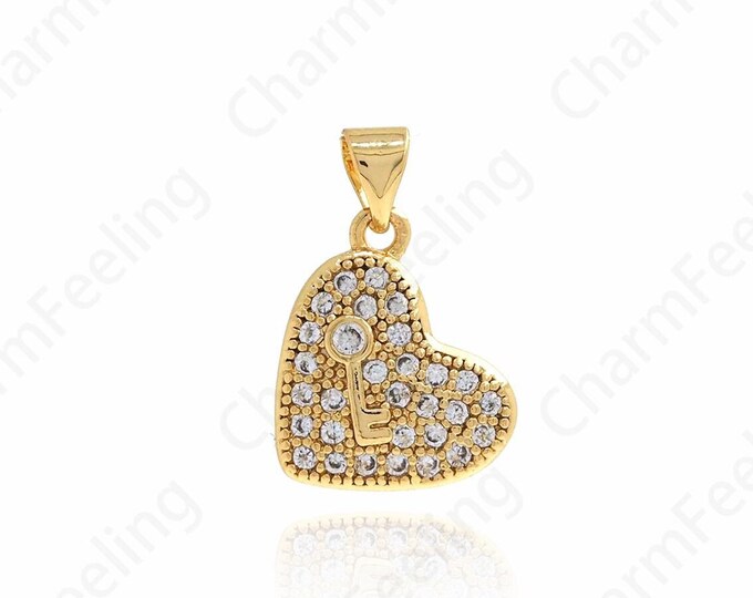 18K Gold Filled Heart Pendant Micropavé CZ Textured Heart Metallic Heart Gold Heart Bracelet Necklace DIY Jewelry Supplies, 20.8x13.8x3.5mm