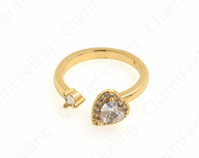Micropavé CZ Thin Ring, 18K Gold Filled Love Ring, Gold Open Ring, Adjustable Ring, Stacking Ring, Love Charm, Heart-Shaped Ring