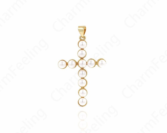 Pearl Cross Necklace, Micropavé CZ Cross Pendant, Religious Charm, 18K Gold Filled Faith Charm, DIY Jewelry Accessories, 40x24x5mm