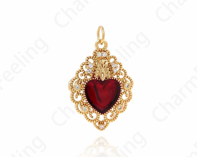 1pcs Heart-Shaped Charm, MicroPave CZ Oil Drop Heart Pendant, Heart Necklace, DIY Jewelry Making Supplies 28x17.5x3.5mm