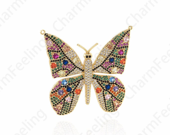 18K Gold Filled Insect Necklace, Butterfly Pendant, Butterfly Necklace, Micropavé CZ Flying Charm, DIY Jewelry Supplies, 48.5x48.5x3.5mm